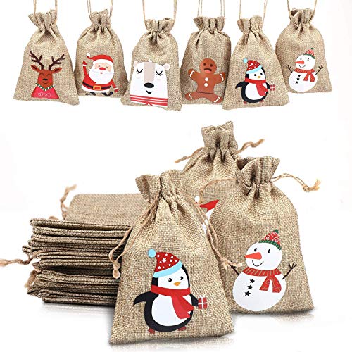 LOKIPA Christmas Jute Burlap Bags ,24 Xmas Jute Linen Burlap Drawstring Gift Treat Candy Bag for Xmas Favors