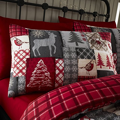 Happy Linen Company 100% Brushed Cotton Christmas Patchwork Red Double Reversible Duvet Cover Bedding Set