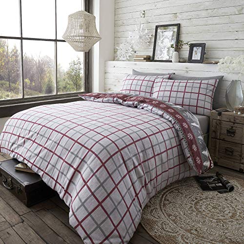 Happy Linen Company 100% Brushed Cotton Nordic Scandi Hygge Winter Warm Burgundy Double Check Reversible Duvet Cover Bedding Set