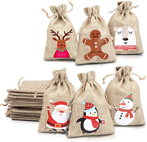 LOKIPA Christmas Jute Burlap Bags ,24 Xmas Jute Linen Burlap Drawstring Gift Treat Candy Bag for Xmas Favors