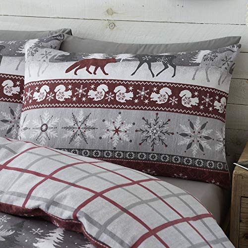 Happy Linen Company 100% Brushed Cotton Nordic Scandi Hygge Winter Warm Burgundy Double Check Reversible Duvet Cover Bedding Set