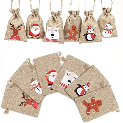 LOKIPA Christmas Jute Burlap Bags ,24 Xmas Jute Linen Burlap Drawstring Gift Treat Candy Bag for Xmas Favors