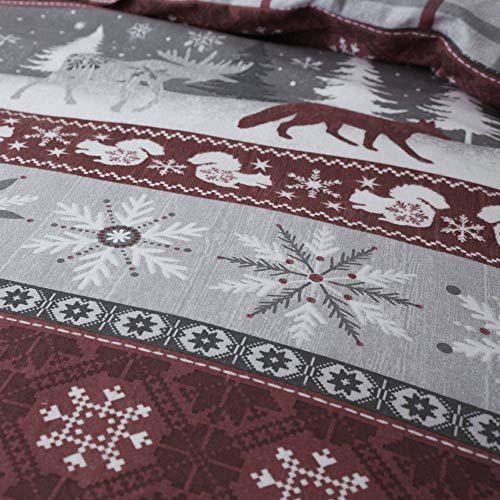 Happy Linen Company 100% Brushed Cotton Nordic Scandi Hygge Winter Warm Burgundy Double Check Reversible Duvet Cover Bedding Set