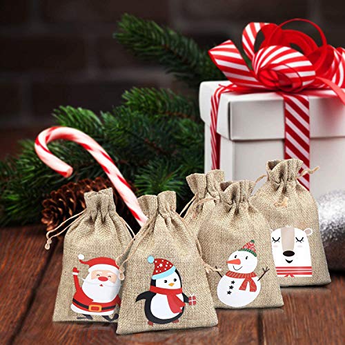 LOKIPA Christmas Jute Burlap Bags ,24 Xmas Jute Linen Burlap Drawstring Gift Treat Candy Bag for Xmas Favors