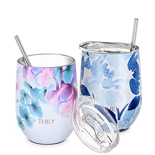 THILY Vacuum Insulated Stemless Wine Tumbler 12 oz Stainless Steel Wine Glass with Lid and Straw, Keep Drinks Cold or Hot, Christmas Birthday Gift, 2 Pack(Pink Lilies + Blue Maple)