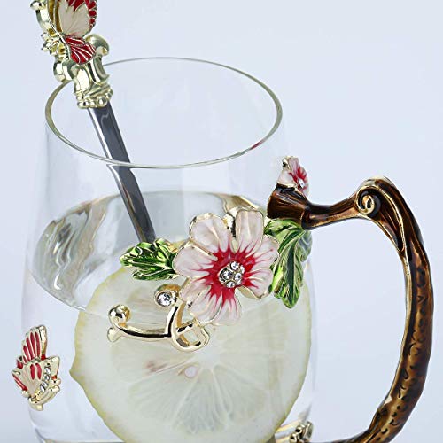 Luka Tech Handmade Enamel Butterfly Flower Glass Coffee Mugs Tea Cup with Spoon, Birthday Christmas Gifts for Her Women Mum Friends Mothers Day(Red-Tall)