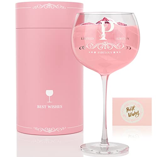 Gifts for Women Birthday, Unique Personalised Gin Glass Gifts for Women, 730ml Large Initial Gin Balloon Glass Cocktail Glass Gifts for Her, Christmas Gifts for Women, Mum, Friend, Sister (Letter P)