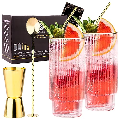Highball Gin Glasses Set of 2 |Ribbed Gin Glass Gift Set w/ Gold Rims & Accessories | Cocktail Glasses, Metal Straw, Bar Spoon, Spirit Measure & Recipe e-Book | Gin Glasses for Women|Water Glasses.