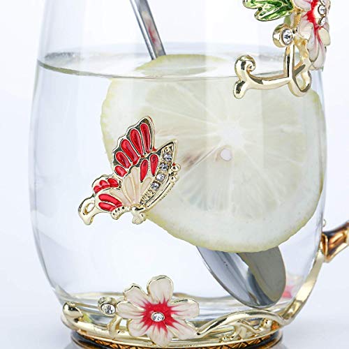 Luka Tech Handmade Enamel Butterfly Flower Glass Coffee Mugs Tea Cup with Spoon, Birthday Christmas Gifts for Her Women Mum Friends Mothers Day(Red-Tall)