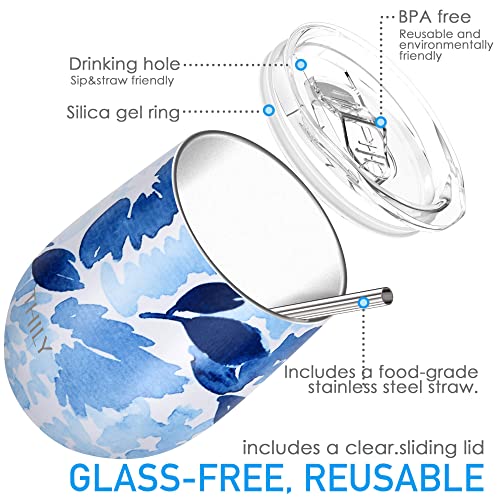 THILY Vacuum Insulated Stemless Wine Tumbler 12 oz Stainless Steel Wine Glass with Lid and Straw, Keep Drinks Cold or Hot, Christmas Birthday Gift, 2 Pack(Pink Lilies + Blue Maple)