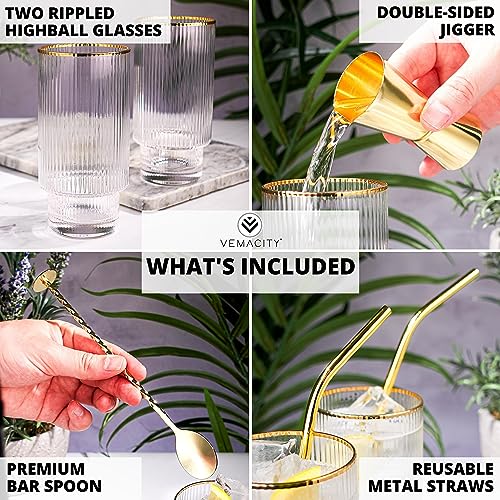 Highball Gin Glasses Set of 2 |Ribbed Gin Glass Gift Set w/ Gold Rims & Accessories | Cocktail Glasses, Metal Straw, Bar Spoon, Spirit Measure & Recipe e-Book | Gin Glasses for Women|Water Glasses.