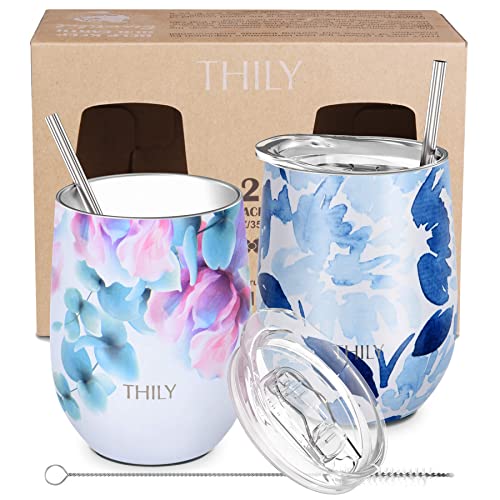 THILY Vacuum Insulated Stemless Wine Tumbler 12 oz Stainless Steel Wine Glass with Lid and Straw, Keep Drinks Cold or Hot, Christmas Birthday Gift, 2 Pack(Pink Lilies + Blue Maple)