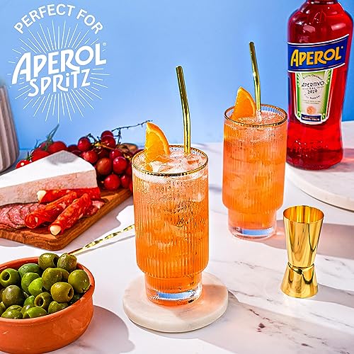 Highball Gin Glasses Set of 2 |Ribbed Gin Glass Gift Set w/ Gold Rims & Accessories | Cocktail Glasses, Metal Straw, Bar Spoon, Spirit Measure & Recipe e-Book | Gin Glasses for Women|Water Glasses.