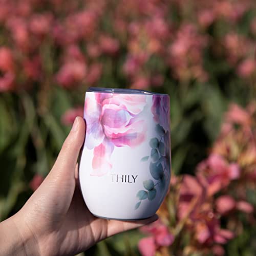 THILY Vacuum Insulated Stemless Wine Tumbler 12 oz Stainless Steel Wine Glass with Lid and Straw, Keep Drinks Cold or Hot, Christmas Birthday Gift, 2 Pack(Pink Lilies + Blue Maple)