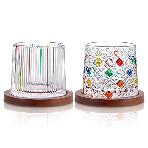 Joeyan 270ml Rotatabe Whisky Glasses with Wooden Coaster,Set of 2 Rocking Rum Glasses with Coloured Hand Painted Pattern,Whiskey Tumbler for Rum, Bourbon, Scotch, Whisky Gifts for Men Women