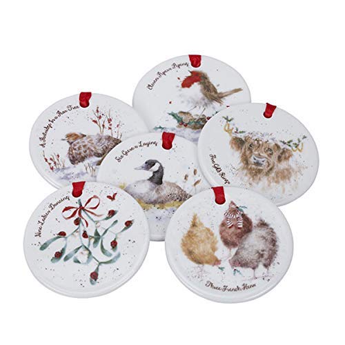 Portmeirion Home & Gifts WN4023-XG Wrendale 12 Days of Christmas Decorations, Bone China, Multi Coloured, 0.5 x 7 x 7 cm