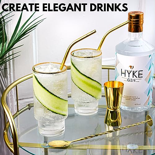 Highball Gin Glasses Set of 2 |Ribbed Gin Glass Gift Set w/ Gold Rims & Accessories | Cocktail Glasses, Metal Straw, Bar Spoon, Spirit Measure & Recipe e-Book | Gin Glasses for Women|Water Glasses.