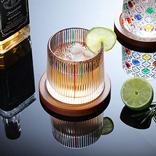 Joeyan 270ml Rotatabe Whisky Glasses with Wooden Coaster,Set of 2 Rocking Rum Glasses with Coloured Hand Painted Pattern,Whiskey Tumbler for Rum, Bourbon, Scotch, Whisky Gifts for Men Women