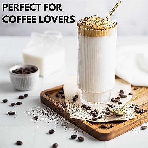 Highball Gin Glasses Set of 2 |Ribbed Gin Glass Gift Set w/ Gold Rims & Accessories | Cocktail Glasses, Metal Straw, Bar Spoon, Spirit Measure & Recipe e-Book | Gin Glasses for Women|Water Glasses.