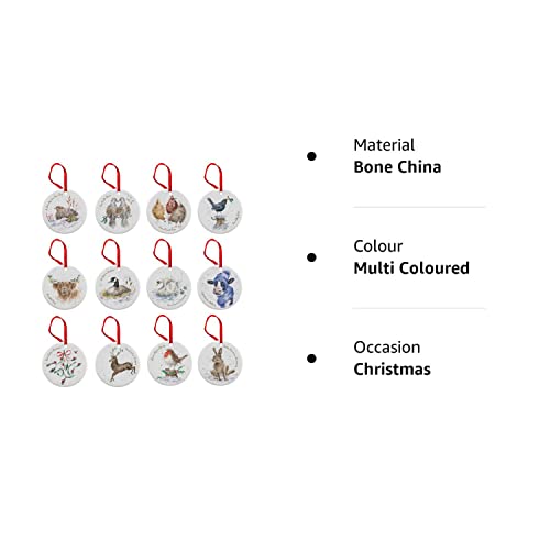 Portmeirion Home & Gifts WN4023-XG Wrendale 12 Days of Christmas Decorations, Bone China, Multi Coloured, 0.5 x 7 x 7 cm