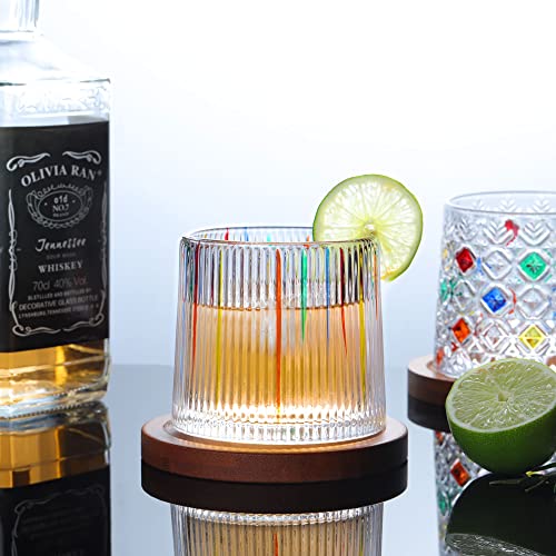 Joeyan 270ml Rotatabe Whisky Glasses with Wooden Coaster,Set of 2 Rocking Rum Glasses with Coloured Hand Painted Pattern,Whiskey Tumbler for Rum, Bourbon, Scotch, Whisky Gifts for Men Women