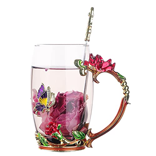 HUISHENG Enamels Butterfly Flower Tea Cup Sets, Glass Coffee Mugs, Valentines Christmas Birthday Graduation, Women Wife Her Mum Grandma Girls Teacher Friend Present Idea