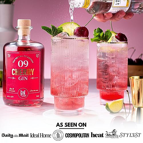 Highball Gin Glasses Set of 2 |Ribbed Gin Glass Gift Set w/ Gold Rims & Accessories | Cocktail Glasses, Metal Straw, Bar Spoon, Spirit Measure & Recipe e-Book | Gin Glasses for Women|Water Glasses.