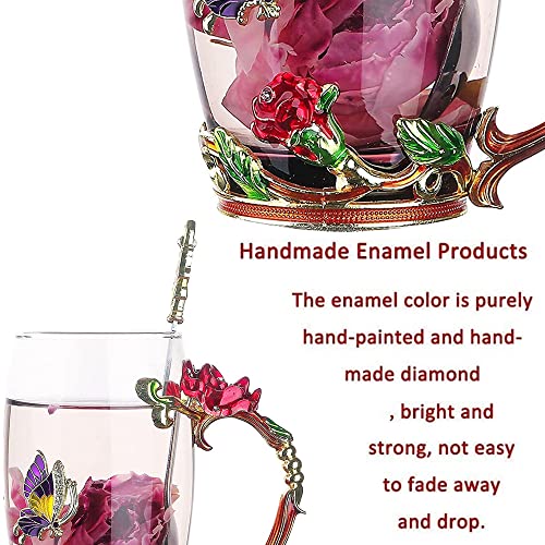 HUISHENG Enamels Butterfly Flower Tea Cup Sets, Glass Coffee Mugs, Valentines Christmas Birthday Graduation, Women Wife Her Mum Grandma Girls Teacher Friend Present Idea