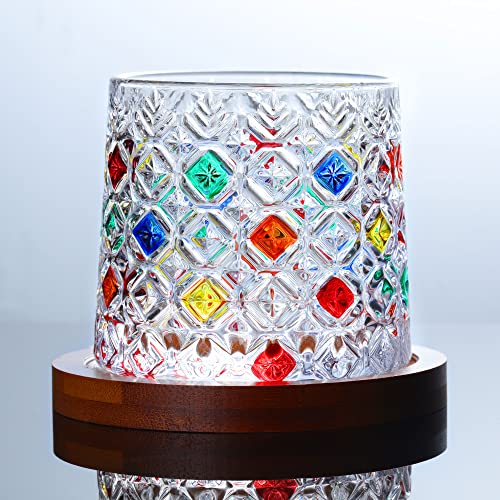 Joeyan 270ml Rotatabe Whisky Glasses with Wooden Coaster,Set of 2 Rocking Rum Glasses with Coloured Hand Painted Pattern,Whiskey Tumbler for Rum, Bourbon, Scotch, Whisky Gifts for Men Women