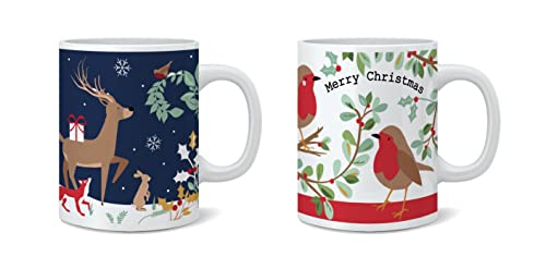 Robin and Woodland Christmas Mugs Set of 2 Festive Party Xmas Tea Coffee Cups Tableware Mug Set Secret Santa Mugs