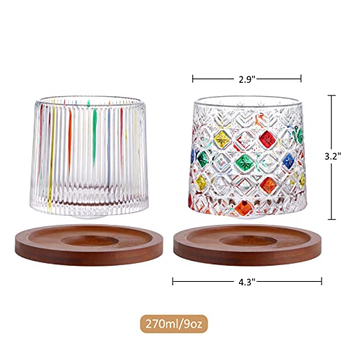 Joeyan 270ml Rotatabe Whisky Glasses with Wooden Coaster,Set of 2 Rocking Rum Glasses with Coloured Hand Painted Pattern,Whiskey Tumbler for Rum, Bourbon, Scotch, Whisky Gifts for Men Women