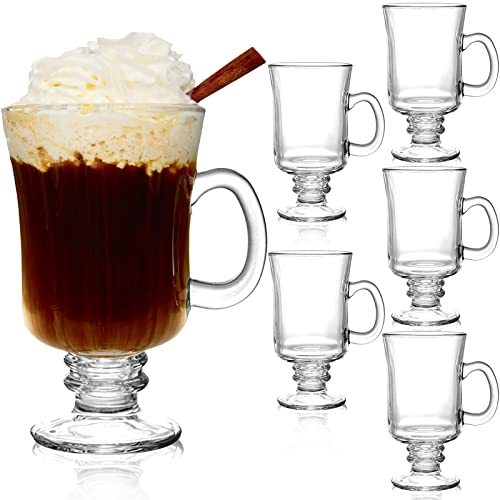 Dicunoy 6 Pack Irish Coffee Mugs, 8 oz Glass Clear Coffee Cups Stemmed, Pedestal Crystal Coffee Cup with Handle for Cappuccino, Latte, Ice Cream, Cocoa, Rum, Iced Beverage, Smoothies, Christmas Gift