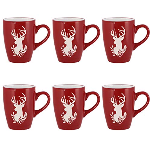 Set of 6 Red Festive Novelty Reindeer Dishwasher Microwave Safe Mugs - D8cm