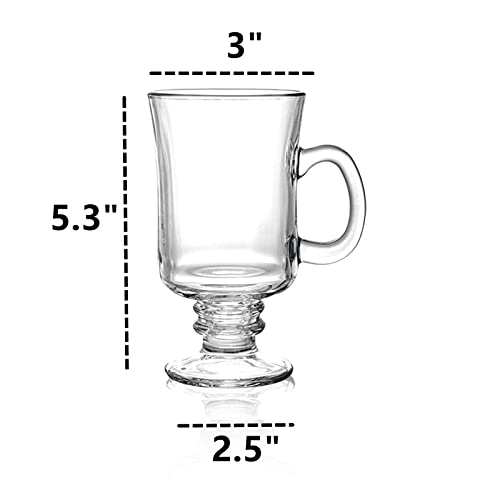 Dicunoy 6 Pack Irish Coffee Mugs, 8 oz Glass Clear Coffee Cups Stemmed, Pedestal Crystal Coffee Cup with Handle for Cappuccino, Latte, Ice Cream, Cocoa, Rum, Iced Beverage, Smoothies, Christmas Gift