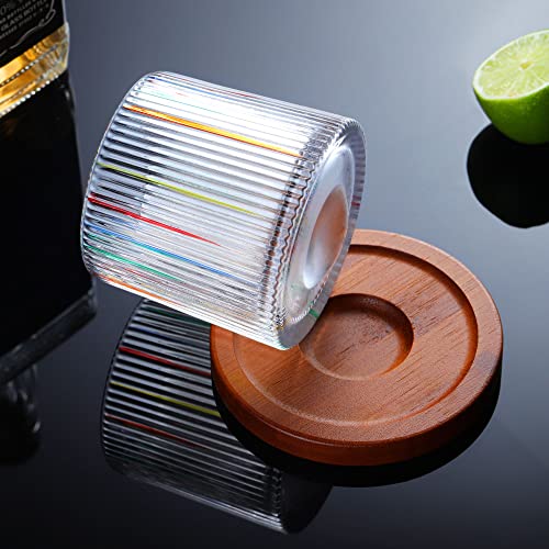 Joeyan 270ml Rotatabe Whisky Glasses with Wooden Coaster,Set of 2 Rocking Rum Glasses with Coloured Hand Painted Pattern,Whiskey Tumbler for Rum, Bourbon, Scotch, Whisky Gifts for Men Women