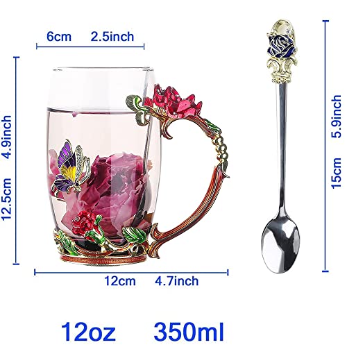 HUISHENG Enamels Butterfly Flower Tea Cup Sets, Glass Coffee Mugs, Valentines Christmas Birthday Graduation, Women Wife Her Mum Grandma Girls Teacher Friend Present Idea