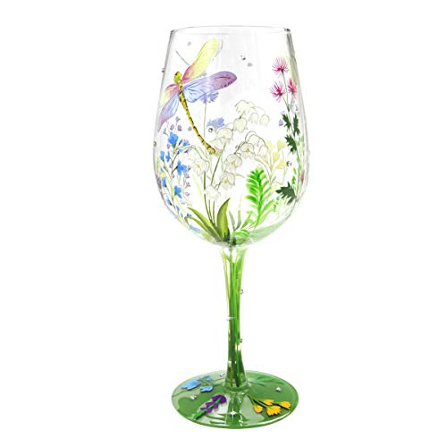 NymphFable Hand-Painted Wine Glass Colorful Dragonfly Flowers Artisan Painted 15oz Glass Novelty Gift for Birthdays,Weddings, Valentine's Day