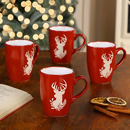 Set of 6 Red Festive Novelty Reindeer Dishwasher Microwave Safe Mugs - D8cm