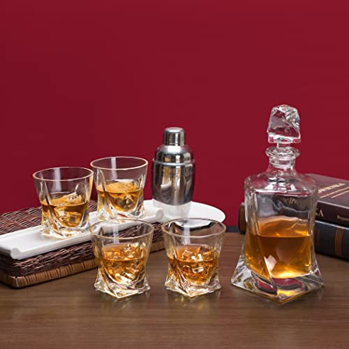 LANFULA Whisky Decanter and Glasses Set, 800 ml Non-Lead Crystal Decanter with 4 Glasses Tumblers, Gift for Christmas, Beautiful Gift Box