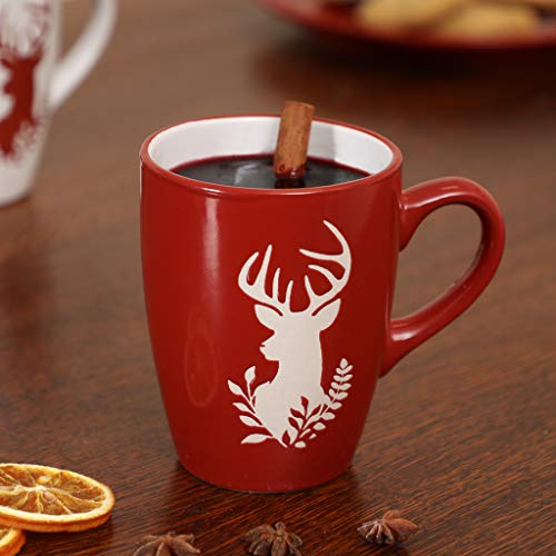 Set of 6 Red Festive Novelty Reindeer Dishwasher Microwave Safe Mugs - D8cm