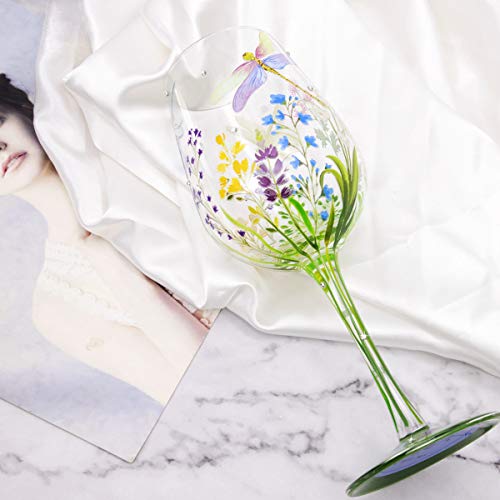 NymphFable Hand-Painted Wine Glass Colorful Dragonfly Flowers Artisan Painted 15oz Glass Novelty Gift for Birthdays,Weddings, Valentine's Day