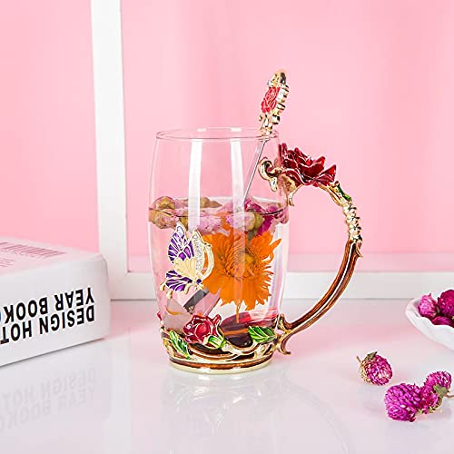 HUISHENG Enamels Butterfly Flower Tea Cup Sets, Glass Coffee Mugs, Valentines Christmas Birthday Graduation, Women Wife Her Mum Grandma Girls Teacher Friend Present Idea