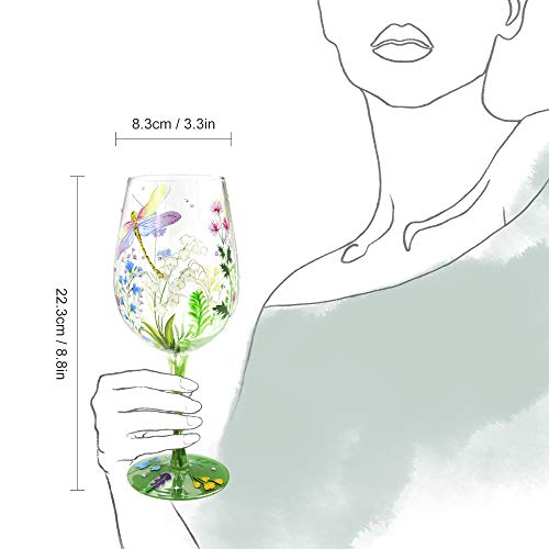NymphFable Hand-Painted Wine Glass Colorful Dragonfly Flowers Artisan Painted 15oz Glass Novelty Gift for Birthdays,Weddings, Valentine's Day