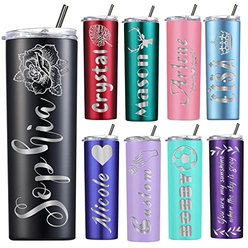 Personalised Tumbler with Straw Lid Custom Coffee Cup with Name Logo Personalised Insulated Tumblers for Hot Cold Drinks Birthday Christmas Valentine's Gifts for Women Her Him (Stainless Steel, 20oz)