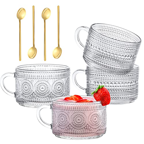 Ulrikco Vintage Glass Coffee Mugs with Spoons Set of 4, 14 Oz Embossed Glass Tea Cups, Clear Coffee Cups with Handle, Embossed Breakfast Cups for Cappuccino, Latte, Cereal, Yogurt, Milk, Dessert