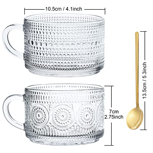 Ulrikco Vintage Glass Coffee Mugs with Spoons Set of 4, 14 Oz Embossed Glass Tea Cups, Clear Coffee Cups with Handle, Embossed Breakfast Cups for Cappuccino, Latte, Cereal, Yogurt, Milk, Dessert