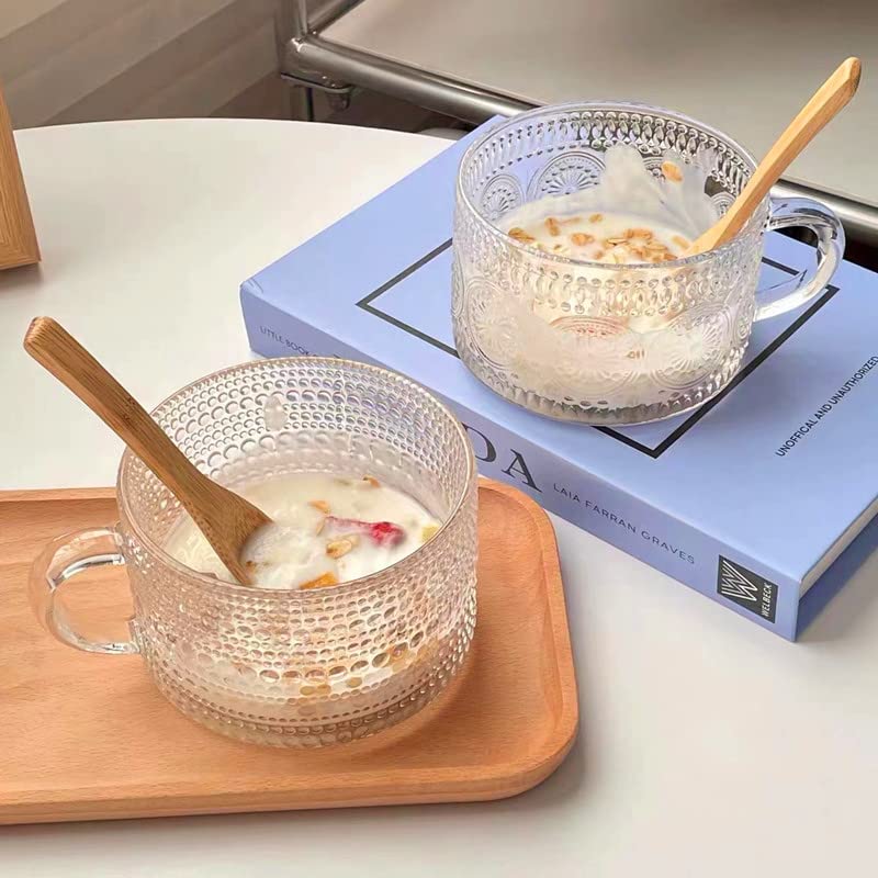 Ulrikco Vintage Glass Coffee Mugs with Spoons Set of 4, 14 Oz Embossed Glass Tea Cups, Clear Coffee Cups with Handle, Embossed Breakfast Cups for Cappuccino, Latte, Cereal, Yogurt, Milk, Dessert