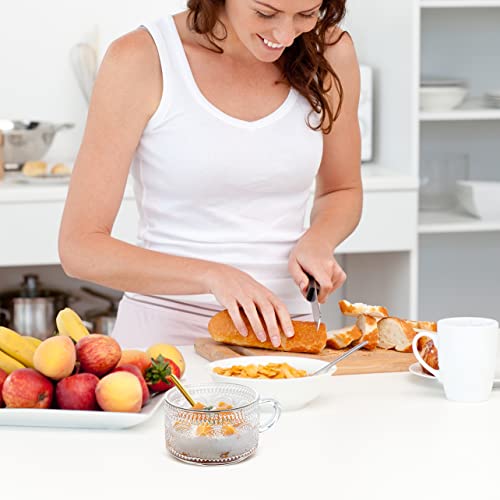 Ulrikco Vintage Glass Coffee Mugs with Spoons Set of 4, 14 Oz Embossed Glass Tea Cups, Clear Coffee Cups with Handle, Embossed Breakfast Cups for Cappuccino, Latte, Cereal, Yogurt, Milk, Dessert