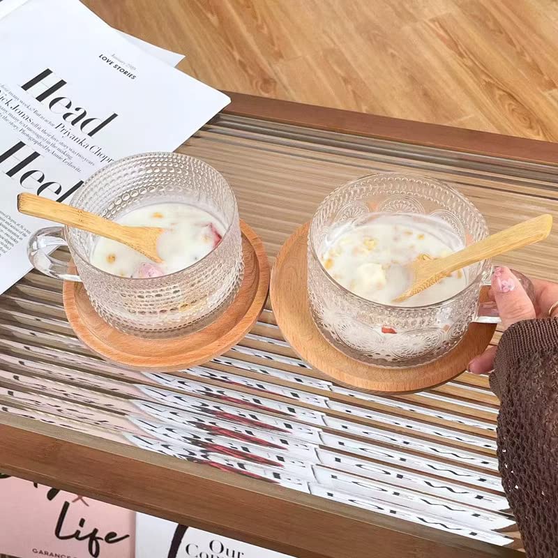 Ulrikco Vintage Glass Coffee Mugs with Spoons Set of 4, 14 Oz Embossed Glass Tea Cups, Clear Coffee Cups with Handle, Embossed Breakfast Cups for Cappuccino, Latte, Cereal, Yogurt, Milk, Dessert