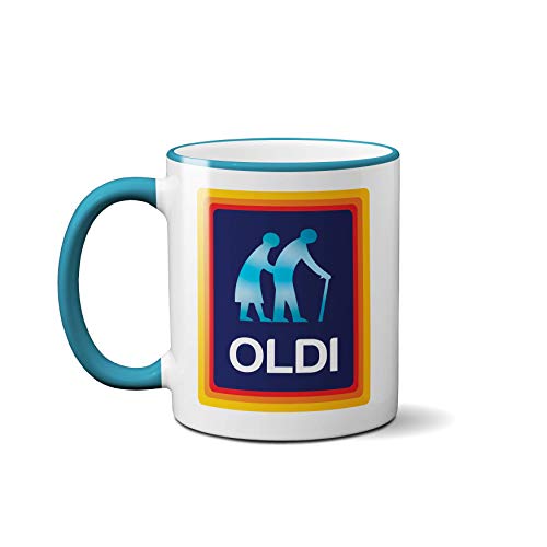 SMARTYPANTS Oldi Mug- Birthdays Christmas Funny Gift Presents Celebration Novelty Old Large Heavy Duty Handle Dino Coated Dishwasher/Microwave Safe Sublimation Ceramic (Blue Handle Prime)